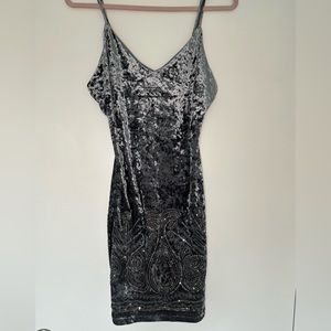 Grey Velvet Beaded Mini Dress